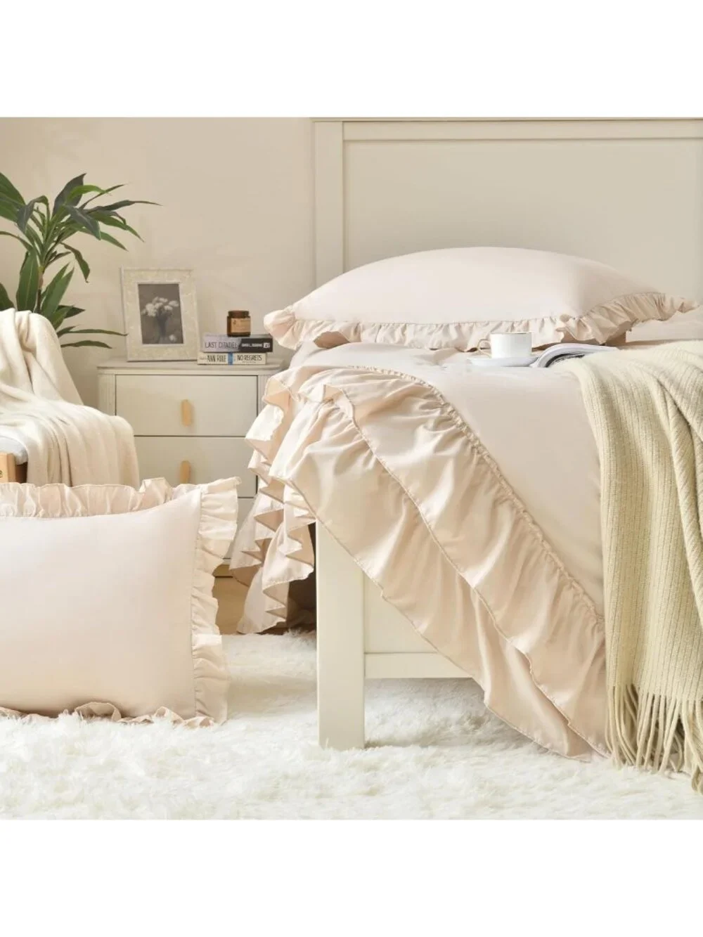 Cozy Pink Ruffle King Comforter Set | Shabby Chic Boho Bedding | 3PCS All-Season